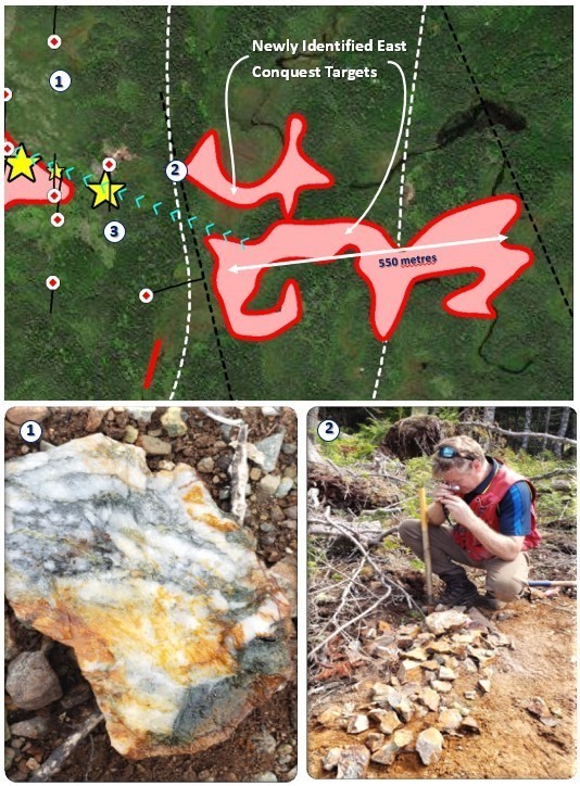 Map showing outline and location of the newly identified Conquest East targets with location of recently uncovered mineralized boulders at sites 1 and 3 and possible sub-cropping mineralization at site 2 (CNW Group/Northern Shield Resources Inc.)