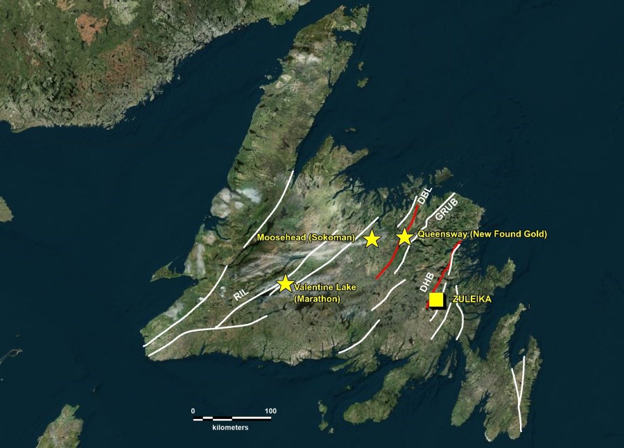 The Zuleika property is centred on a major fault splay off the Dover-Hermitage Bay Fault Zone (DHBF), one of several suture and deformation zones than run from the North American seaboard and reappear in the northern UK. The DHBF is parallel to the Dog Bay Line (DBL) on which New Found Gold’s Queensway Project is located. (CNW Group/Northern Shield Resources Inc.)
