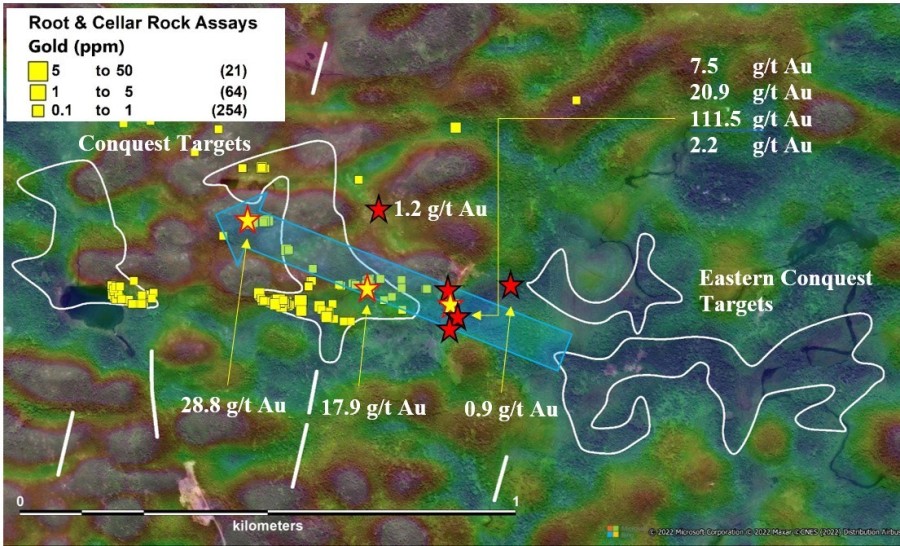 Location of new gold bearing boulders (red stars) and previously reported high-grade boulders (yellow star) draped over magnetics and topography. Blue arrow indicates dominant glacial dispersion trend. (CNW Group/Northern Shield Resources Inc.)
