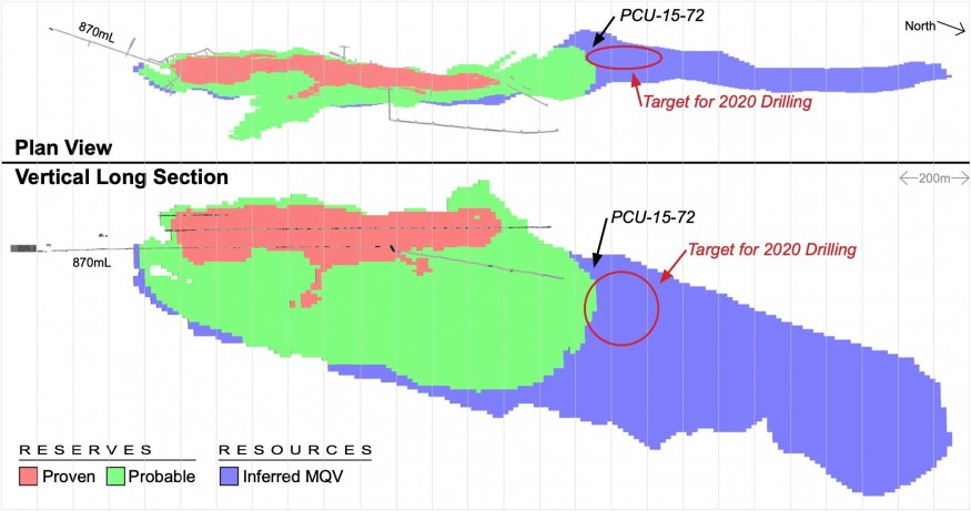Figure 1: Plan and Vertical Sectional spatial views of the Prairie Creek Mineral Reserve and Mineral Resources.  Camp facilities at left. (CNW Group/NorZinc Ltd.)