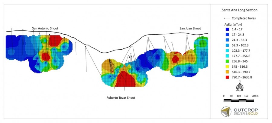 Figure 1: Preliminary Inverse Distance Squared project grade block mode for three of seven high-grade shoots discovered by Outcrop. A zero cut-off is used, and no economic evaluation is implied. However, the method does show robust grade contours and identifies potential resource areas. All high-grade zones are supported by multiple drill intercepts. (CNW Group/Outcrop Silver & Gold Corporation)