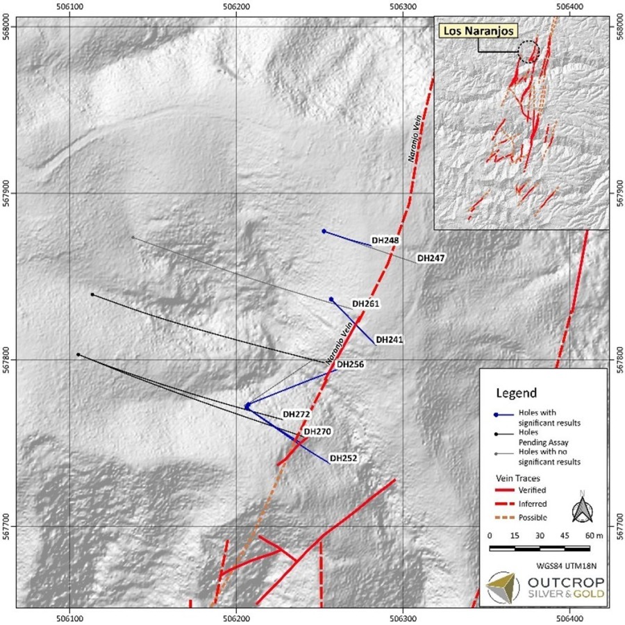 Map 1. Naranjos target area with drill hole traces. (CNW Group/Outcrop Silver & Gold Corporation)