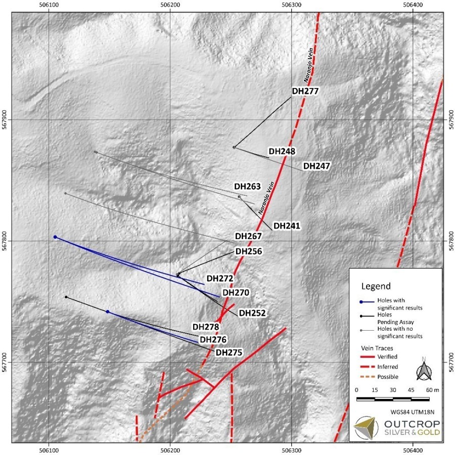 Map 1. Naranjos target area with drill hole traces (CNW Group/Outcrop Silver & Gold Corporation)