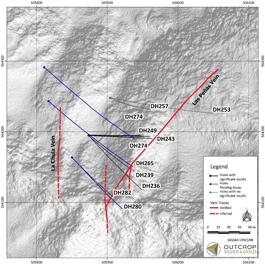 Map 1. Las Maras target area with drill holes and Las Peñas vein traces. (CNW Group/Outcrop Silver & Gold Corporation)