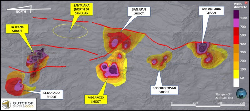 Figure 1. 3D view of modelled vein shoots. The model shows that high-grade mineralization occurs in well-defined contours as central cores of the shoots. The shoots are open in one or two directions laterally and all are open at depth. (CNW Group/Outcrop Silver & Gold Corporation)
