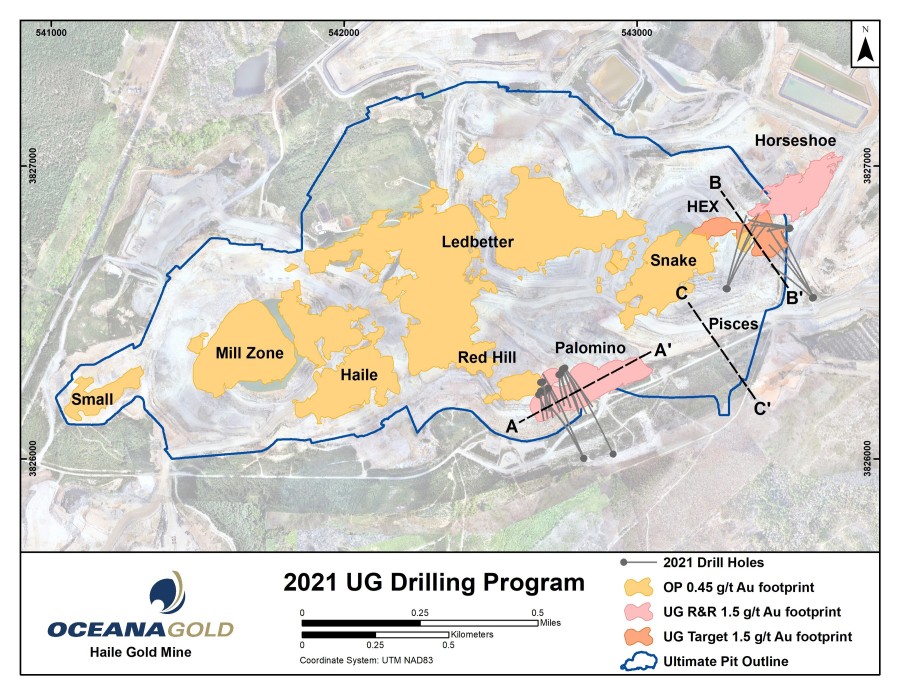 Figure 1. Plan view of the Haile Gold Mine with the reserve pit outline open pit and underground mineralisation footprints and 2021 drill hole traces (CNW Group/OceanaGold Corporation)