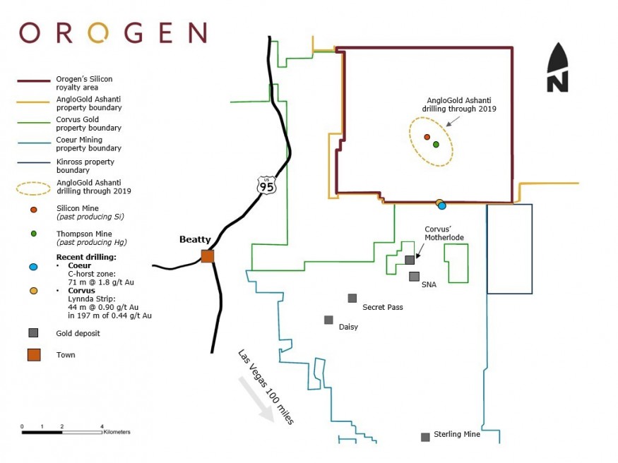 Figure 1:  Map of claim holdings in the Bare Mountain District, Nye County, Nevada, showing the location of AngloGold’s Silicon Project, Coeur Mining’s C-Horst discovery (light blue circle) and Corvus Gold’s Lynnda Strip drilling result (yellow circle). (CNW Group/Orogen Royalties Inc.)