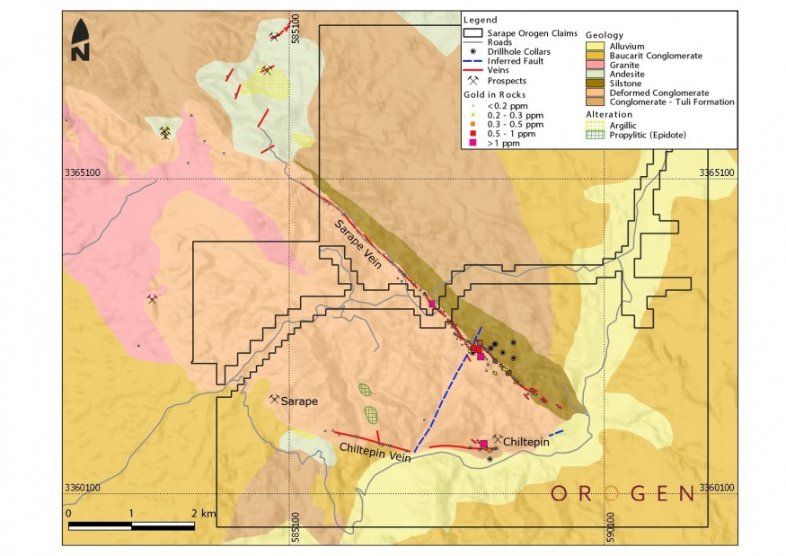 Figure 1 – Geologic map of the Sarape project showing the extent of the Sarape and Chiltepin veins, surface gold values in rock-chip samples and location of previous drilling. (CNW Group/Orogen Royalties Inc.)