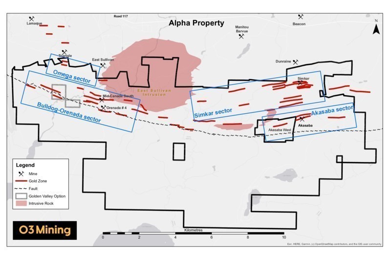Figure 1: Alpha Property Map (CNW Group/O3 Mining Inc.)