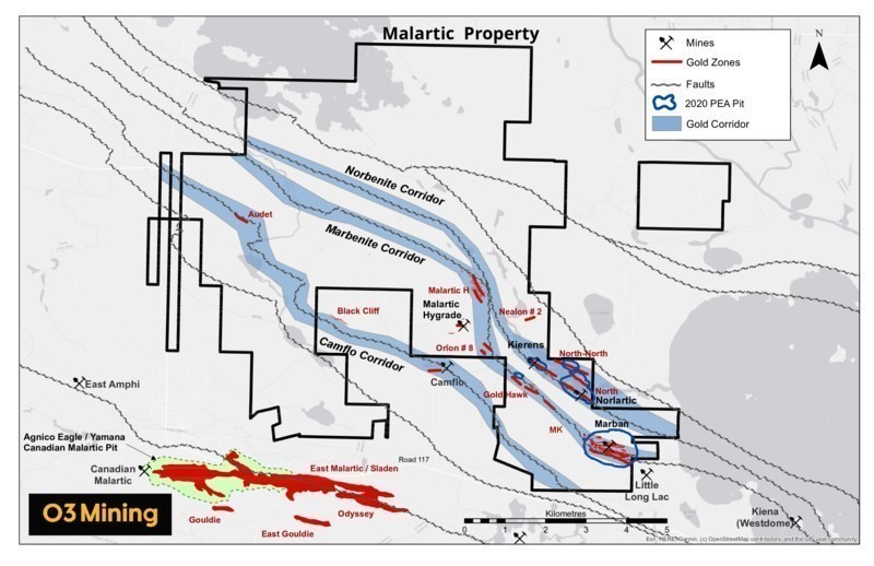 Figure 1: Malartic Property Drilling Map (CNW Group/O3 Mining Inc.)