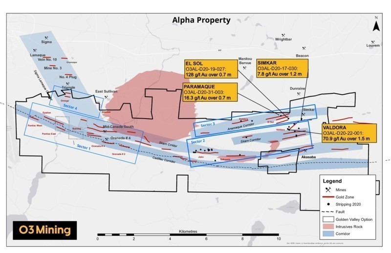 Figure 1: Alpha Property Map – Highlights Channel Sampling Program (CNW Group/O3 Mining Inc.)