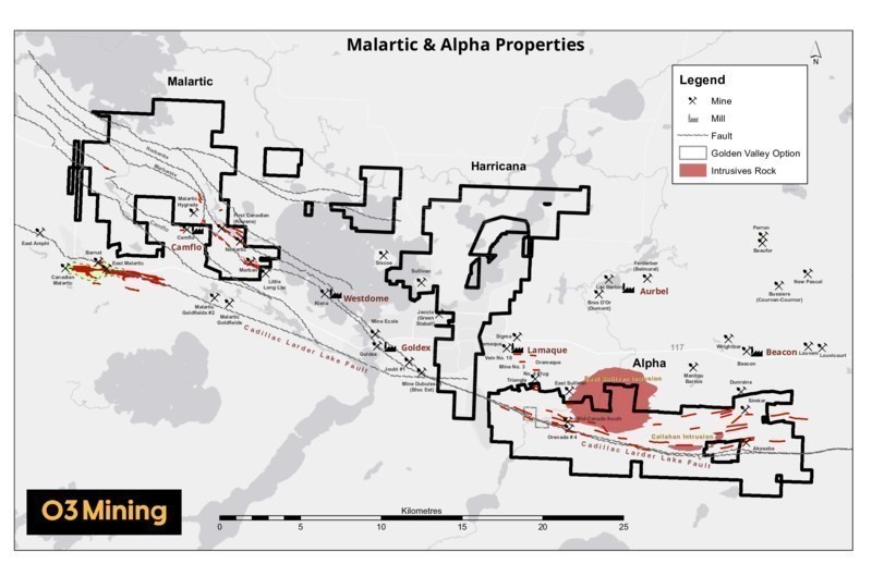 Figure 1: Alpha and Malartic properties location (CNW Group/O3 Mining Inc.)