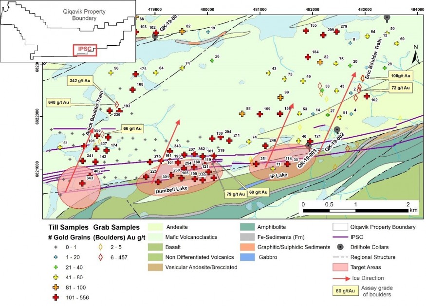 Figure 1: Gold Grain Counts around the IP lake Shear Corridor (Note that ice direction is SW to NE, grab samples with > 2g/t Au shown, Gold grain counts have been normalized to 10kg samples). (CNW Group/Orford Mining Corporation)