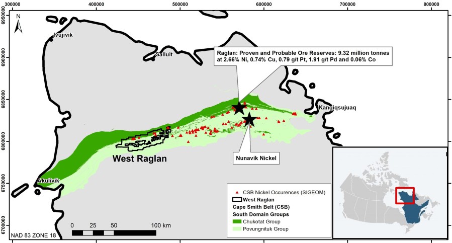 Figure 1, Location Map showing Orford Mining’s West Raglan Property
Information from neighbouring properties is not necessarily indicative of the mineralization on Orford Mining’s properties. RagLan Source: Glencore Resources & Reserves Dec 31, 2021. Nickel occurrences are reported by SIGEOM (System d’information geominiere oof Quebec: sigeom.mines.gouv.qc.ca) (CNW Group/Orford Mining Corporation)