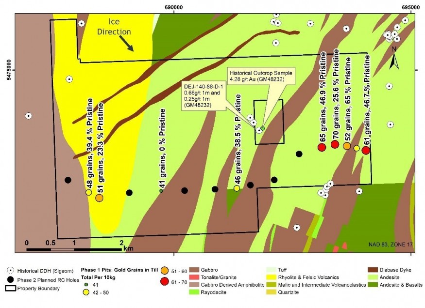 Figure 1: Joutel South Property Showing Till Gold Grain Counts and Planned RC Holes. (CNW Group/Orford Mining Corporation)