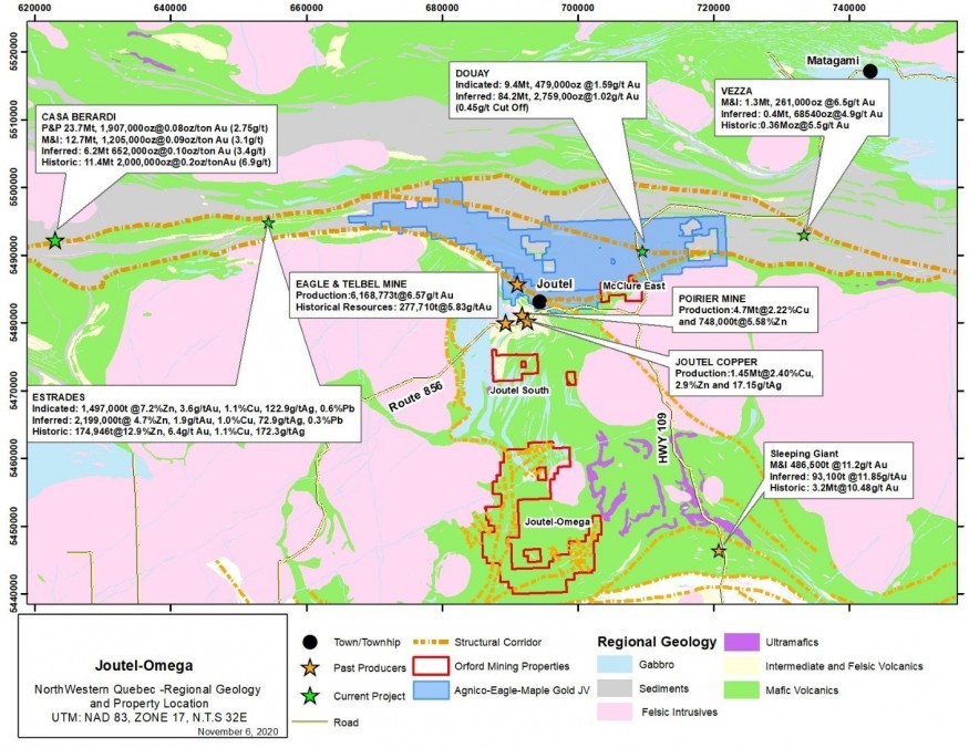 Figure 1: Map showing Orford Mining’s Joutel Region properties, regional geology and nearby Projects. Information from neighbouring properties is not necessarily indicative of the mineralization on Orford Mining’s properties. (CNW Group/Orford Mining Corporation)