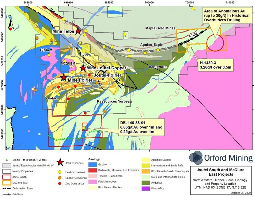 Figure 1: Location of the Joutel South and McClure East Properties with Phase 1 Exploration Work (CNW Group/Orford Mining Corporation)