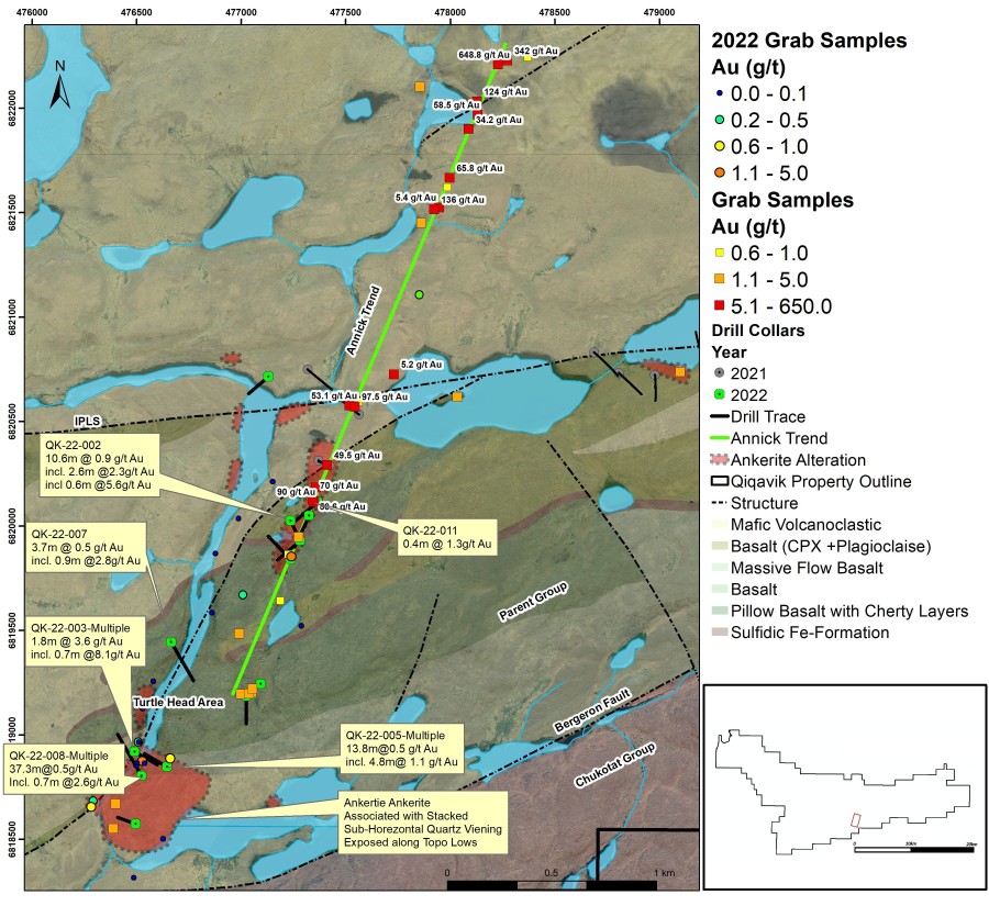 Figure 1: 2022 Drilling Along the Annick Trend, Turtle Head (South of IP Lake Shear Corridor). Note that grab samples are selective by nature and values reported may not be representative of mineralized zones. All drilling intervals are down-hole lengths. True thicknesses cannot be estimated with available information. (CNW Group/Orford Mining Corporation)