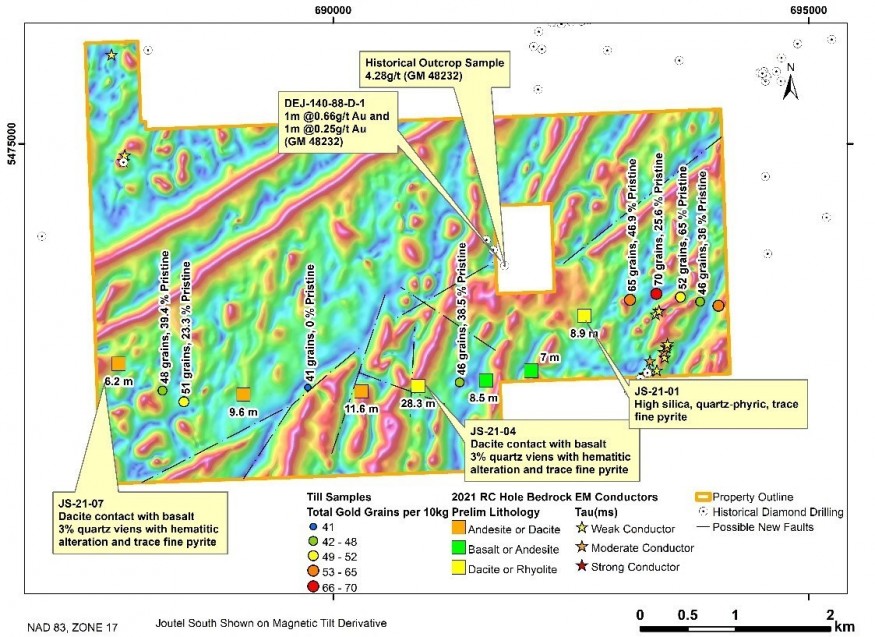 Figure 1: Joutel South Property Showing Till Gold Grain Counts and Completed RC Holes (ice direction to the south east). (CNW Group/Orford Mining Corporation)