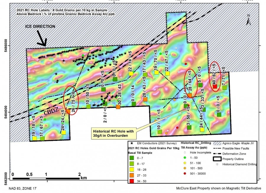 Figure 1: Gold Grain Counts from the McClure East Property from the till sample collected just above the Bedrock (basal till sample). Red circles show 3 holes with high basal till sample counts and a high proportion of pristine grains.(CBDZ -Casa Berardi deformation zone, south splay) (CNW Group/Orford Mining Corporation)
