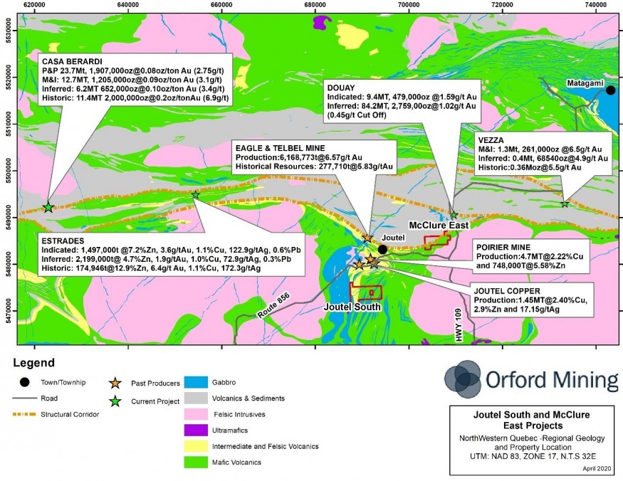 Figure 1: Regional Geology and Projects in proximity to the Joutel South and McClure East Properties(5) (CNW Group/Orford Mining Corporation)