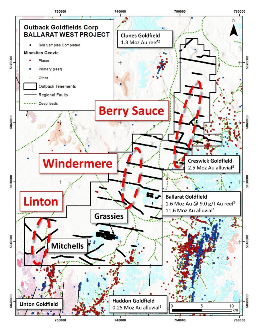 Figure 1. Map showing the Ballarat West tenement with soil samples collected to date and key areas of exploration focus (red dashed ovals). References below. (CNW Group/Outback Goldfields Corp.)