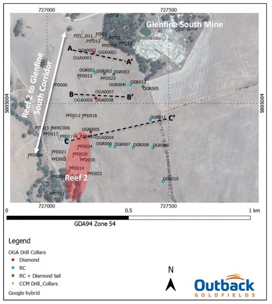 Map showing the location of the reported drillholes and the location of the cross sections in Figures 2, 3 and 4. Historic drill holes (CCM Drill_Collars) are shown as brown collars. (CNW Group/Outback Goldfields Corp.)