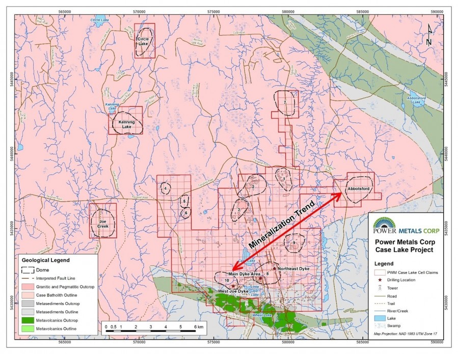 Figure 1 Geology map of Case Lake showing the location of granitic domes. (CNW Group/POWER METALS CORP)