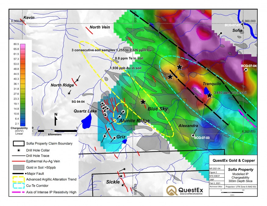 Figure 2. Gold exploration targets on QuestEx's 100% owned Sofia property in the prolific Toodoggone mining district. (CNW Group/QuestEx Gold & Copper Ltd.)
