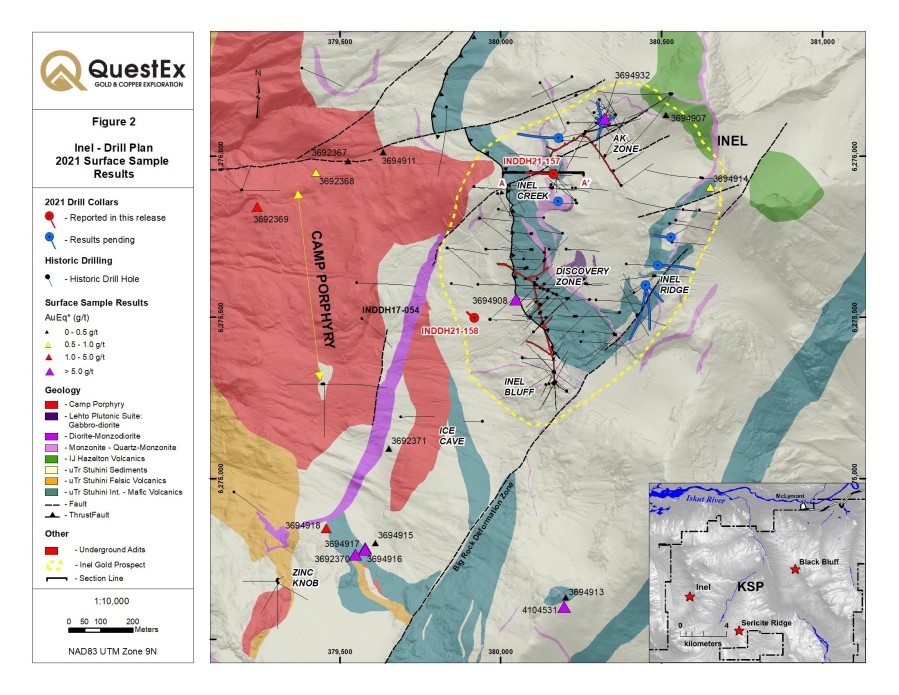 Figure 2 - Inel - Drill Plan 2021 Surface Sample Results (CNW Group/QuestEx Gold & Copper Ltd.)