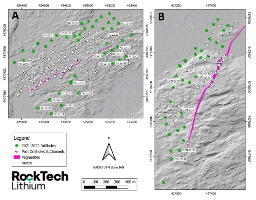 Figure 1. Map showing location of 2021 – 2022 holes drilled at the MZN (A) and Conway (B) deposits. (CNW Group/Rock Tech Lithium Inc.)