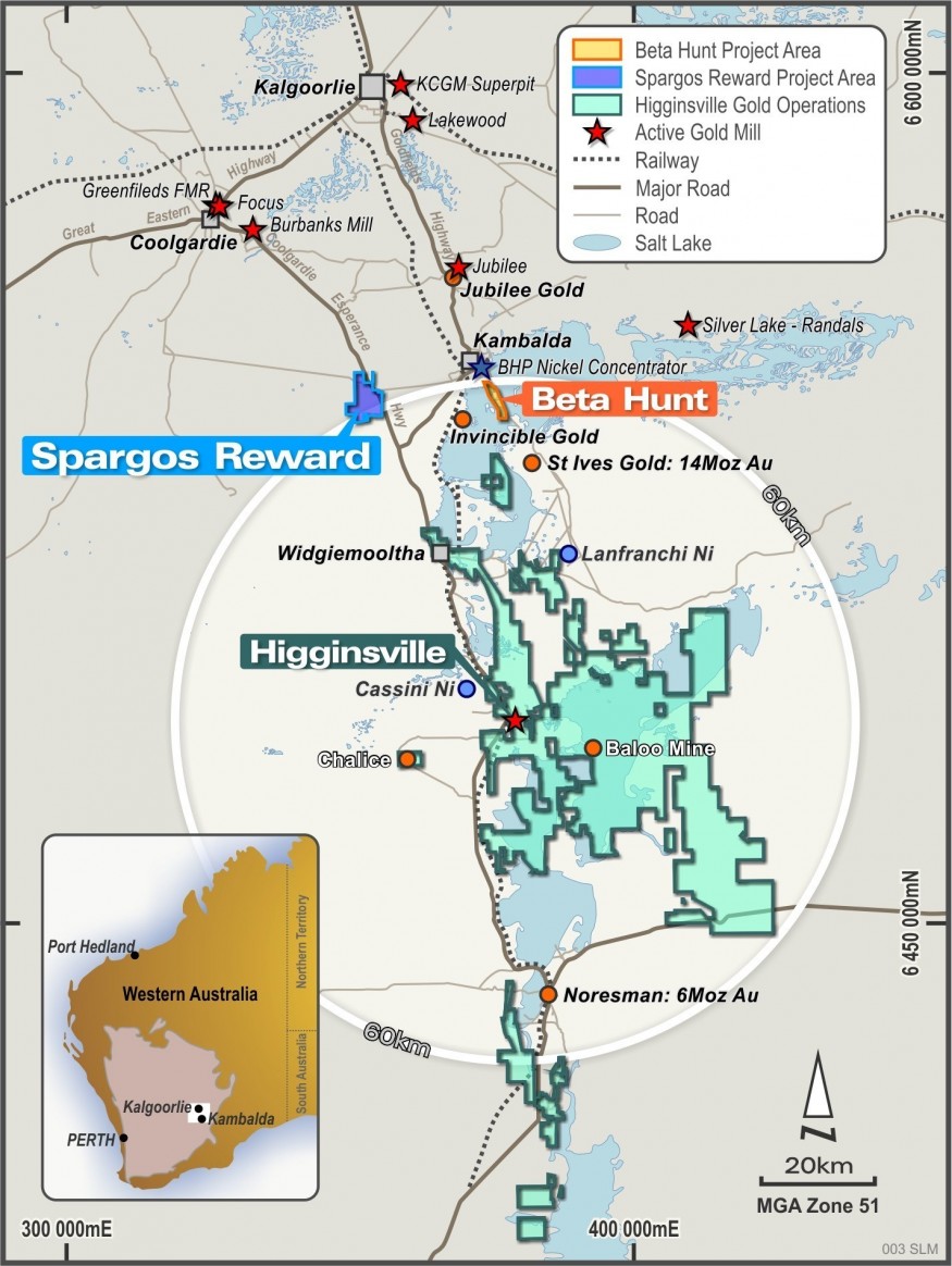 Figure 1: Location of Spargos Reward project in relation to the Beta Hunt mine and Higginsville Gold Operations, Western Australia. (CNW Group/RNC Minerals)