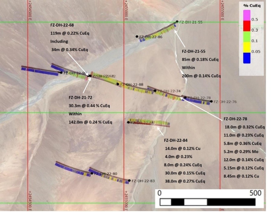 Figure 1. Highlighted drill intercepts at the Pyros porphyry target. (CNW Group/Sable Resources Ltd.)