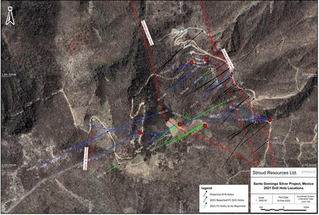Figure 1. Locations of Phase 1 2021 diamond drill holes (collars and traces) completed on the Santo Domingo Silver Property, the main mineralized vein systems (red dashes), and historical drill hole traces (black). The drill holes in the current news release are shown with red collars. (CNW Group/Stroud Resources Ltd.)