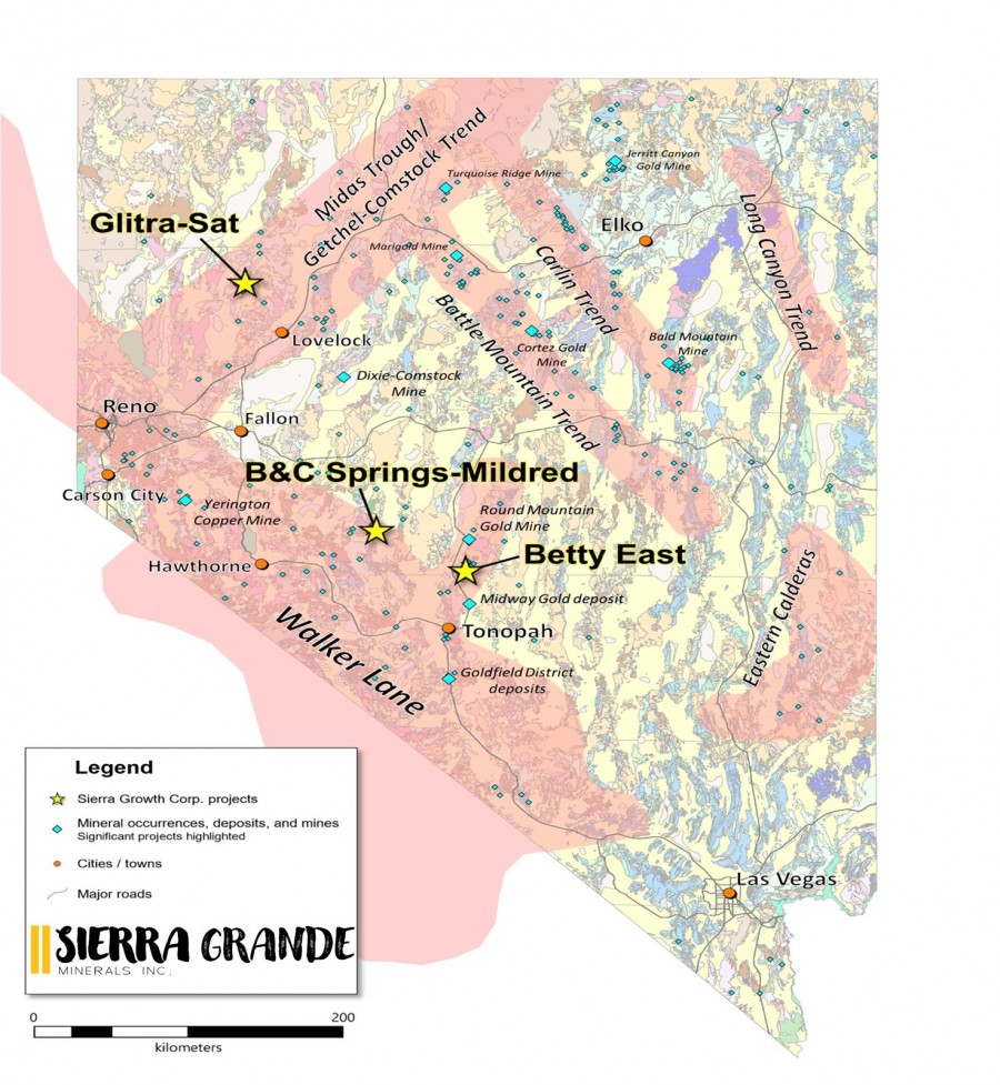 Figure 1. Regional Setting for the B&C Springs-Mildred property. (CNW Group/Sierra Grande Minerals Inc.)