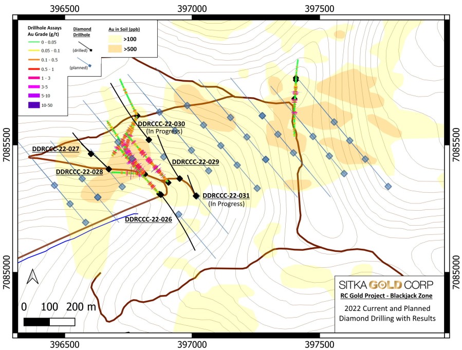 Figure 1:  Completed and Proposed Step-out Drilling at the Blackjack Zone (CNW Group/Sitka Gold Corp.)