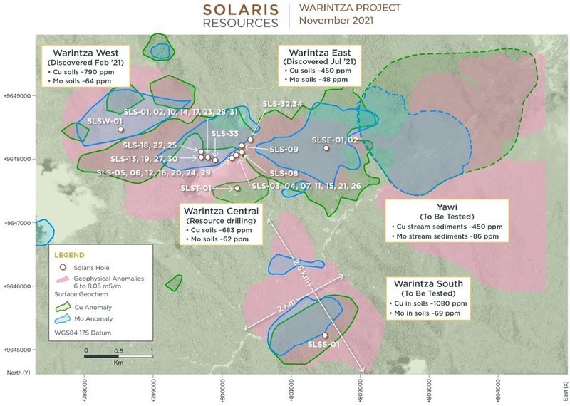 Figure 1 - Plan View of 7km x 5km Warintza Porphyry Cluster (CNW Group/Solaris Resources Inc.)