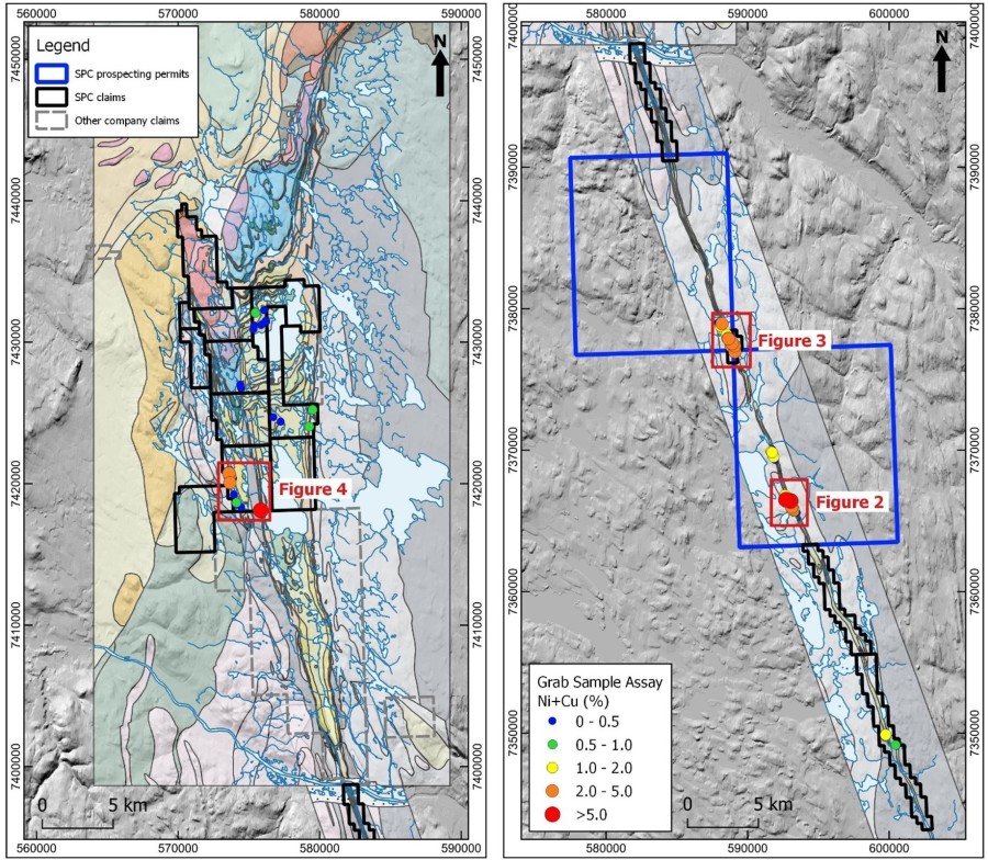 Figure 1: Geological plan map of the Muskox Intrusion showing the Company property position, sample locations and detailed figure locations. The image on the right is a continuation of the image on the left. (CNW Group/SPC Nickel Corp.)