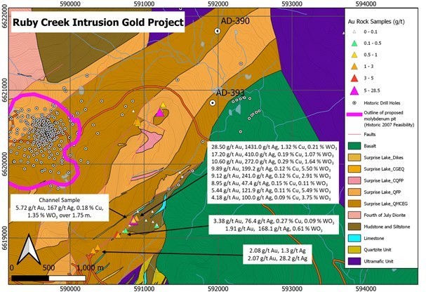 Figure 1 - Location Map of Gold Bearing Samples on Thor Ridge, SW of AD-390 and AD-393. (CNW Group/Stuhini Exploration Ltd.)