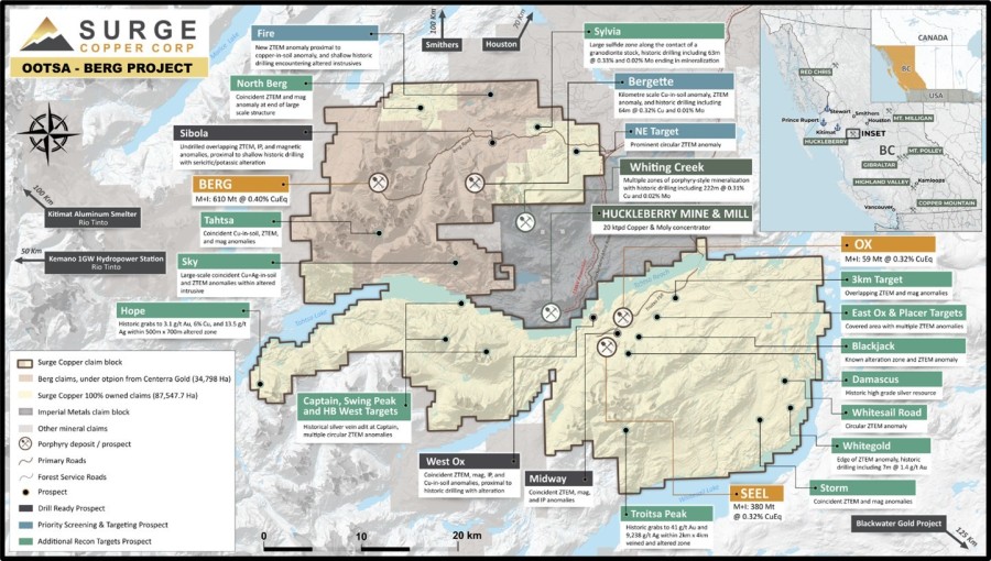 Figure 1. Regional map of the Ootsa and Berg Properties, highlighting regional exploration targets. (CNW Group/Surge Copper Corp.)