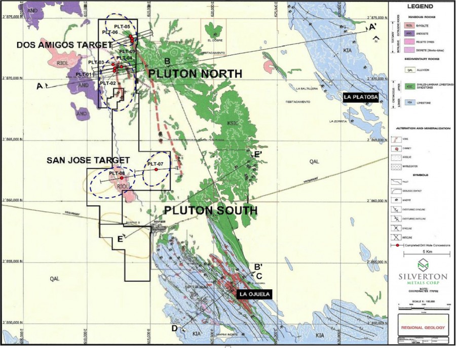 Figure 1. Geology and mineralization of the Ojuela-Mapimi, Platosa, Pluton mining district showing Pluton’s target areas (discontinuous black-line ellipses) and property limit (continuous black line). The horizontal projection of the Ojuela deposits is shown in red color, productive limestones are shown in blue, overlying, less-reactive to barren clastic rocks (shales, siltstones) are shown in green.  Extensive alteration of the clastic rocks, which results in hornfels, is also shown in green. Alluvial cover is in yellow.