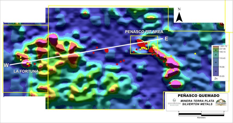 Figure 1.   Penasco Quemado drill hole map showing programmed holes in yellow, historic holes in red, on the zinc soil geochemistry map. Section W-E is shown in Figure 2.