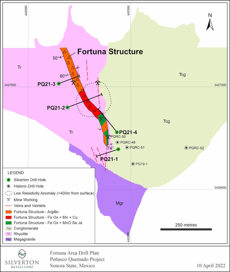 Figure 1. Fortuna area drill hole map showing historic holes and current Silverton.