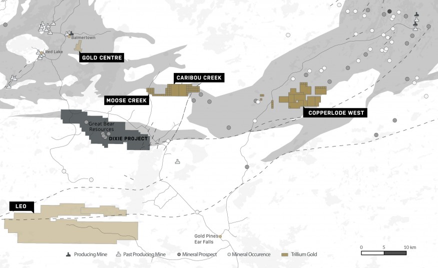 Trillium Gold Mines property holdings in Red Lake, including the new and pending acquisitions hosted in Confederation Assemblage rocks (CNW Group/Trillium Gold Mines Inc.)