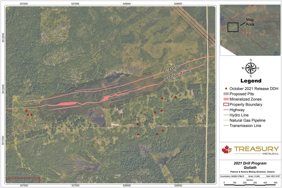 Figure 1: Goliath 2021 Drill Collar Locations (CNW Group/Treasury Metals Inc.)