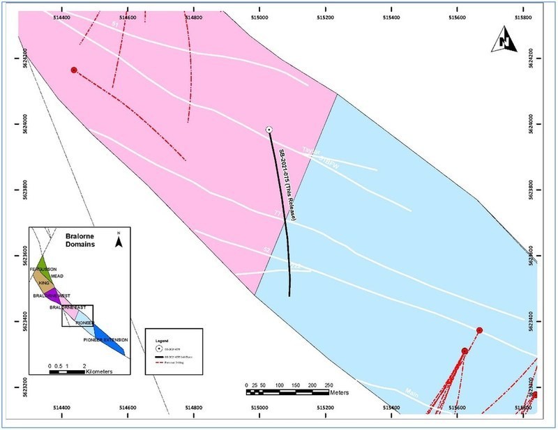 Figure 1: SB-2021-075 hole location within the Bralorne East Block. (CNW Group/Talisker Resources Ltd)