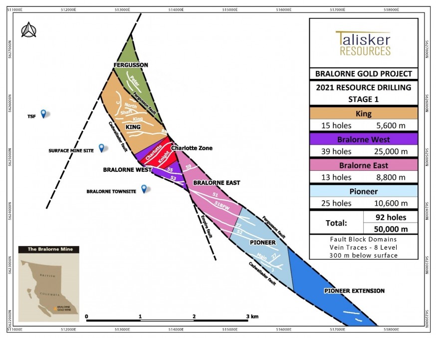 Figure 1: Map of the Bralorne Gold Project showing drill traces from today’s release, major high-grade vein structures projected to surface (white) and surface infrastructure. (CNW Group/Talisker Resources Ltd)