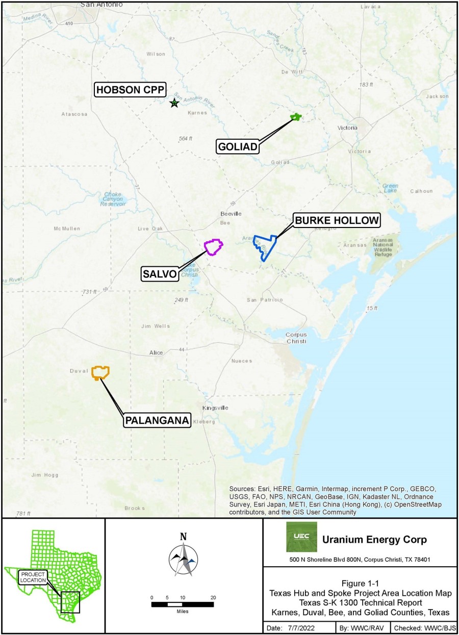 Figure 1-1: Texas Hub and Spoke Project Area Location Map, Texas S-K 1300 Technical Report, Karnes, Duval, Bee, and Goliad Counties, Texas (CNW Group/Uranium Energy Corp)