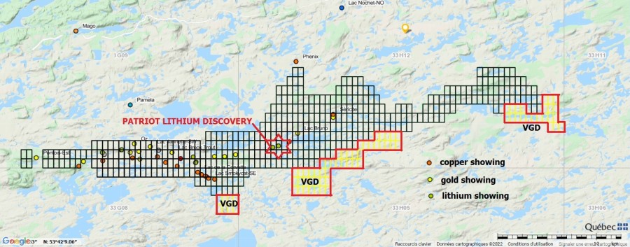 VISIBLE GOLD MINES ACQUIRES 100% INTEREST IN 3,996 HECTARES OF LAND (40 SQ KM) ADJACENT TO PATRIOT BATTERY METAL LITHIUM'S DISCOVERY IN THE JAMES BAY REGION (CNW Group/Visible Gold Mines Inc.)