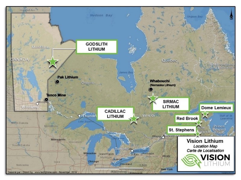 Figure 1 – Vision Lithium Property Portfolio – Cadillac lithium property located approximately 40 km west of Val-d’Or (CNW Group/Vision Lithium Inc.)